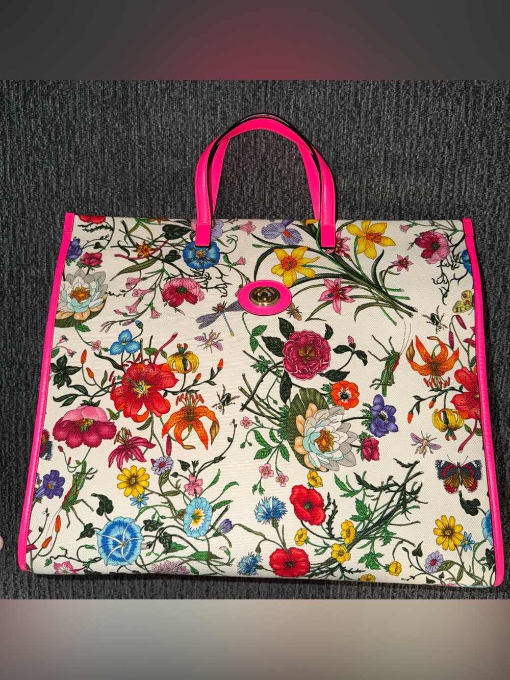 Gucci Floral Print Tote Bag with Pink Handles